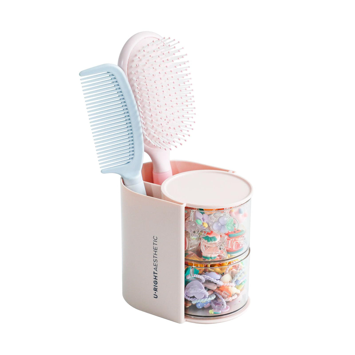 FABROK 2-layer hair organizer in pink keeps accessories visible and easily accessible.