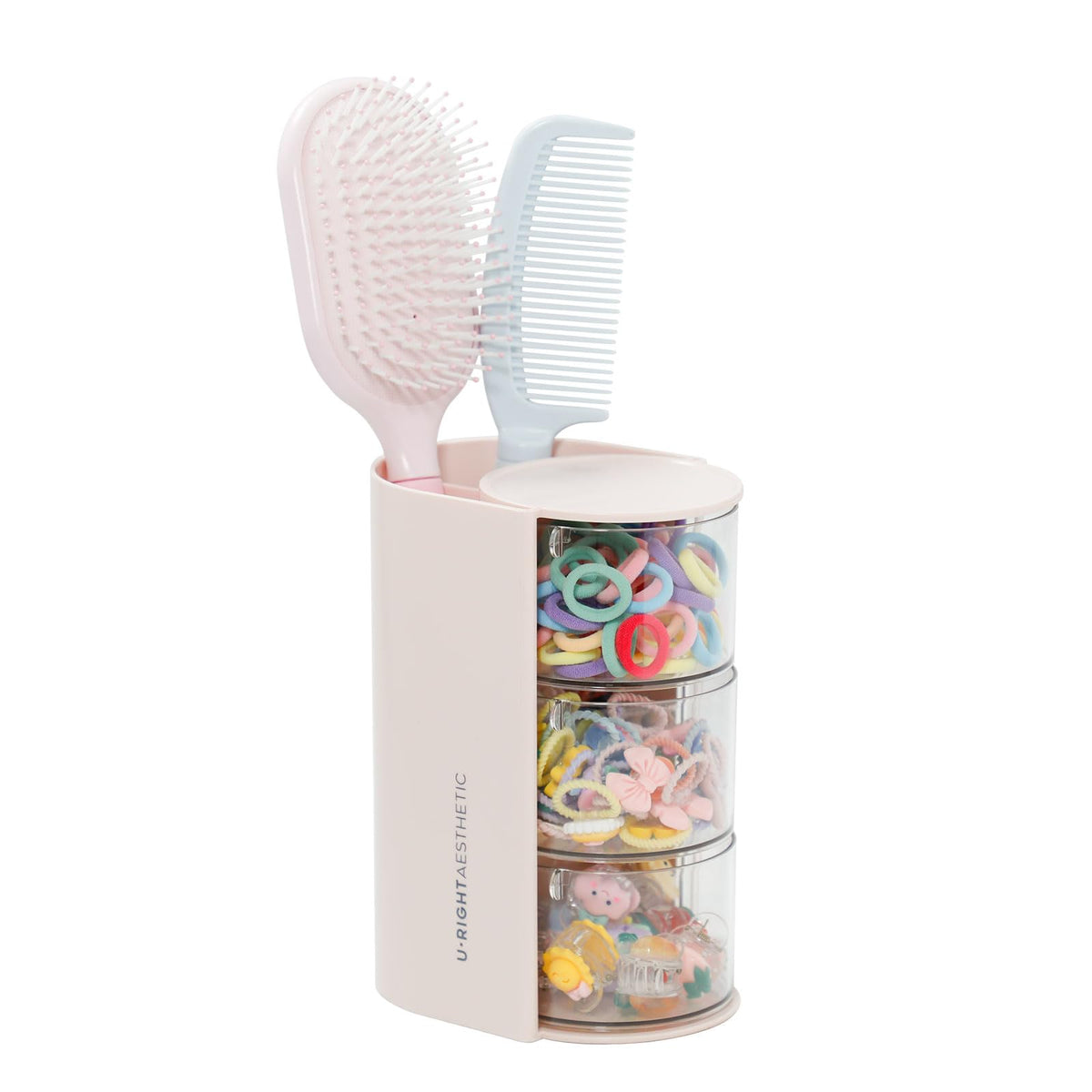 FABROK 3-layer hair accessories organizer in pink keeps hair ties neatly organized on your vanity.