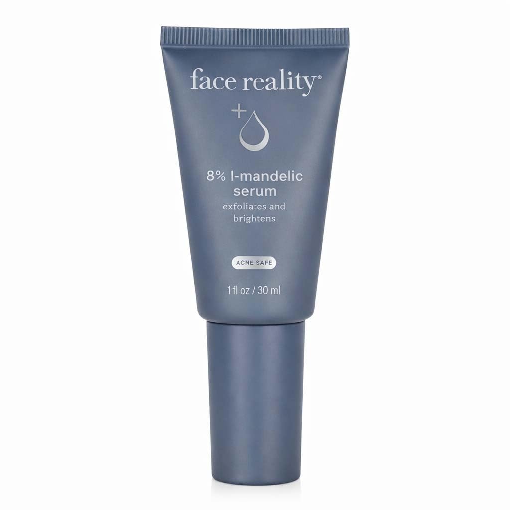 Face Reality Skincare 8% L-Mandelic Serum bottle for gentle exfoliation and brighter-looking skin.