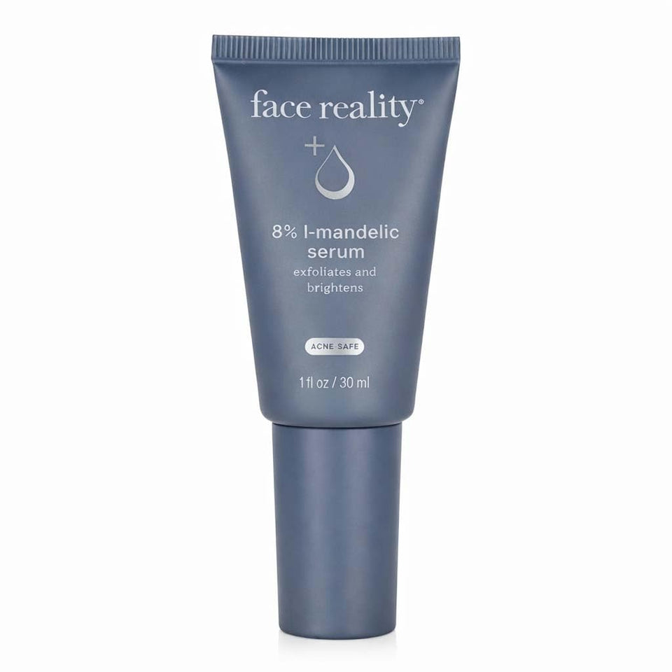 Face Reality Skincare 8% L-Mandelic Serum bottle for gentle exfoliation and brighter-looking skin.