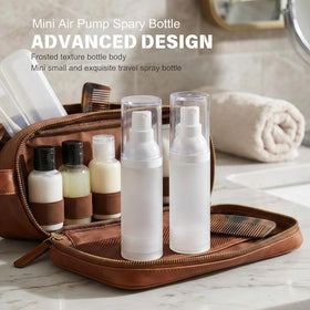 FaceBucks airless-pump travel bottle preserves formulas on the go.