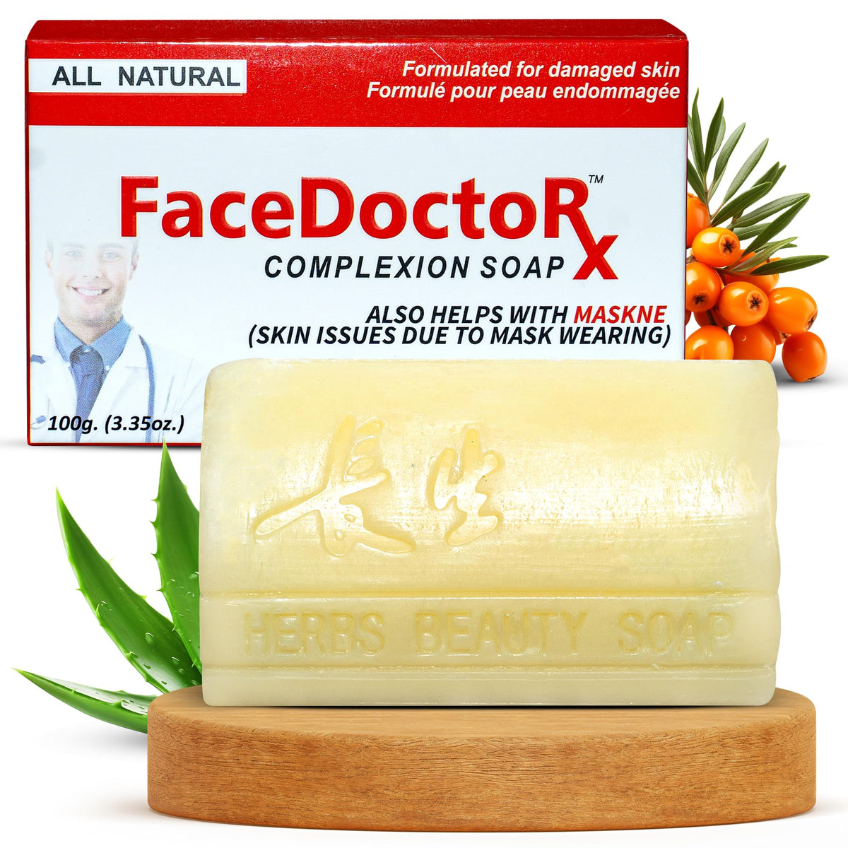 FACEDOCTOR Complexion Bar Soap packaging shows premium acne care.