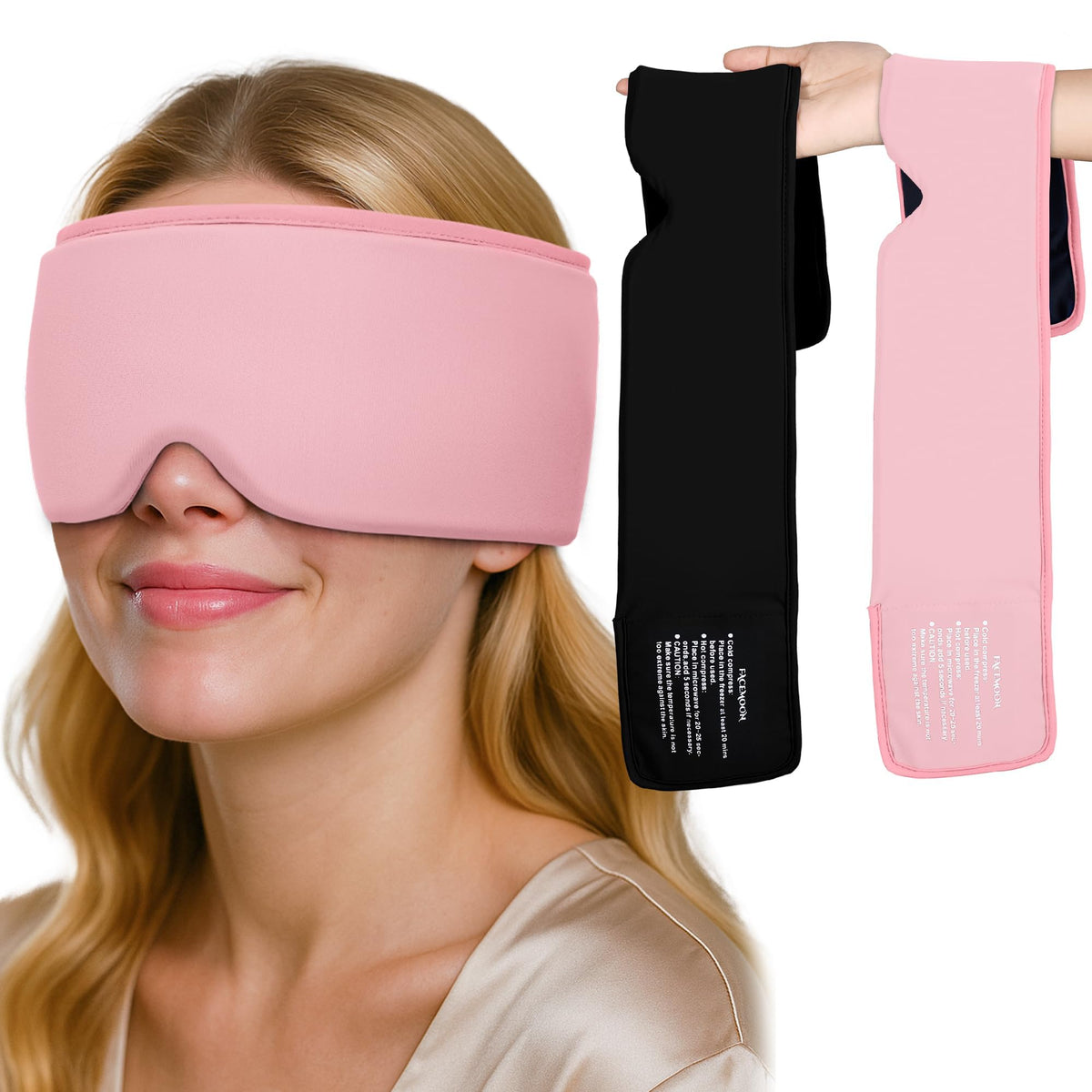 FACEMOON cooling eye mask 2-pack resting over eyes for soothing relief.