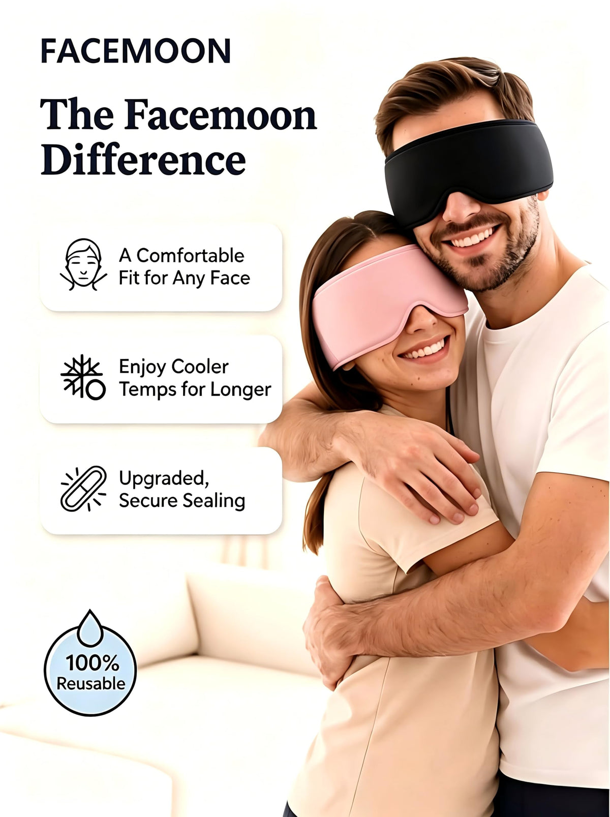 FACEMOON eye mask worn on face delivering 360-degree coverage without pressure.