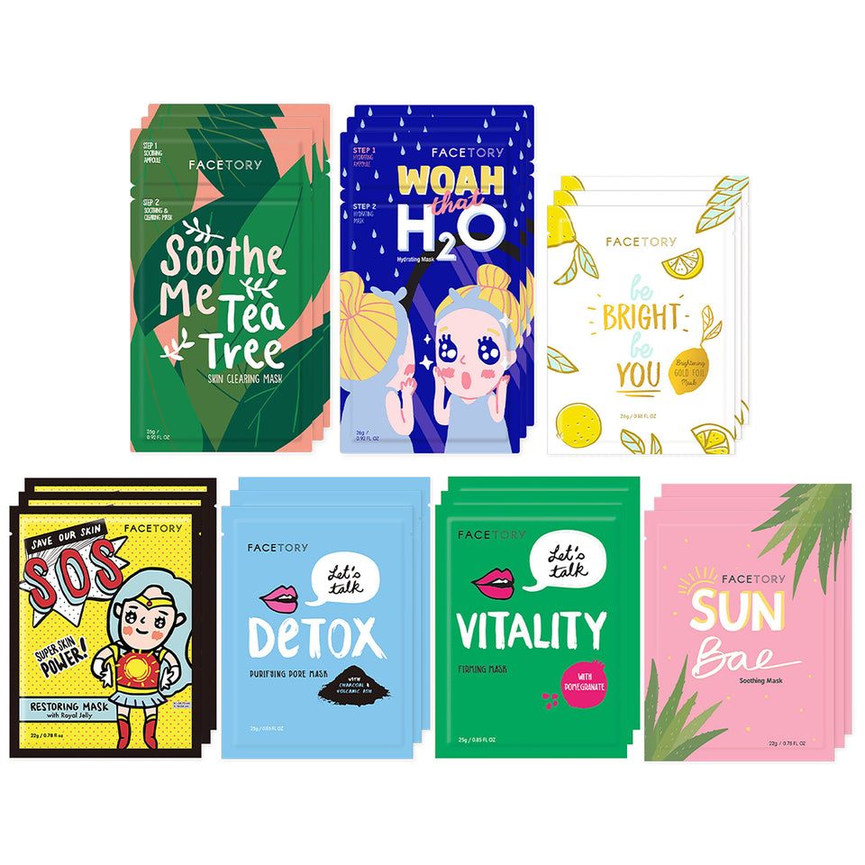 FACETORY Best of 7 packaging shows the 21-piece sheet mask set for gifting.
