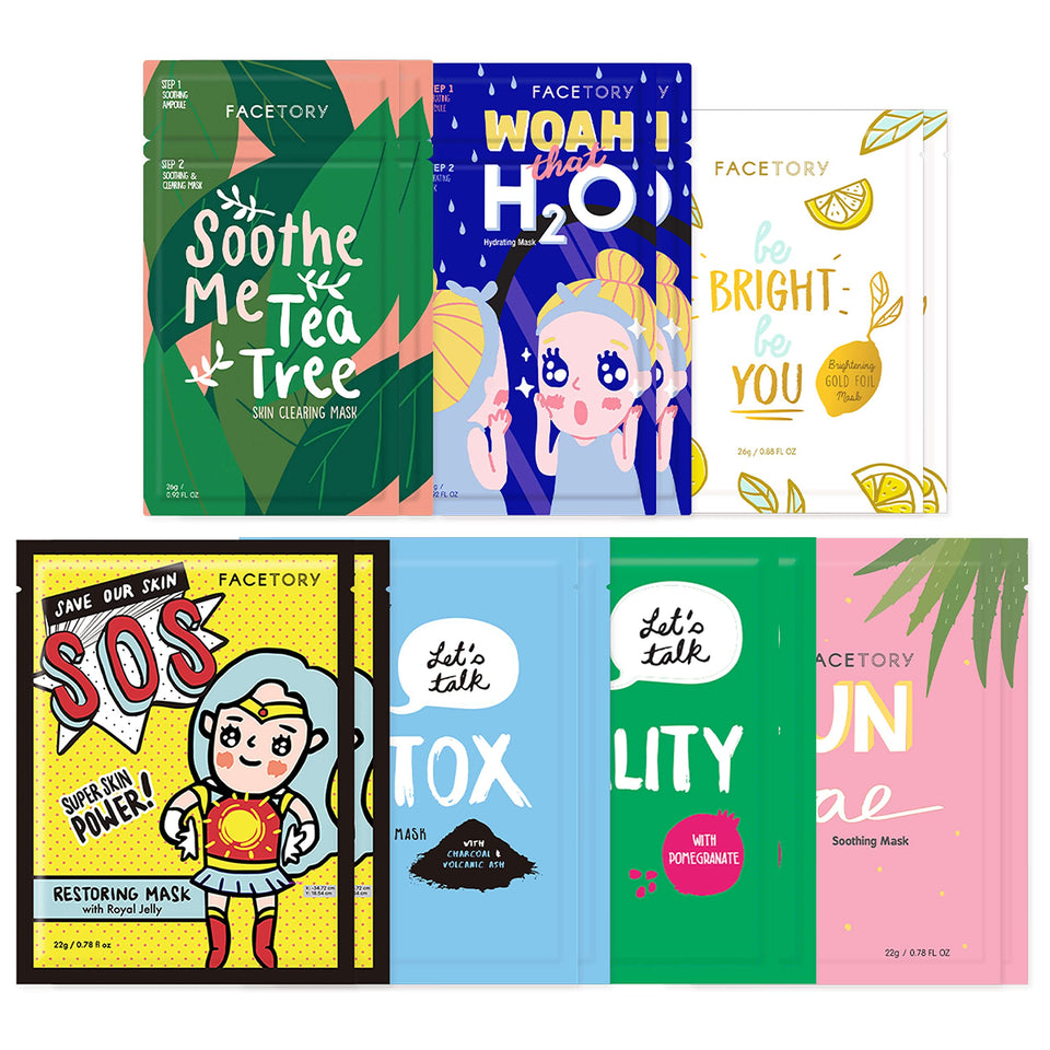 FACETORY Best of 7 collection sheet masks pack provides hydration for all skin types.