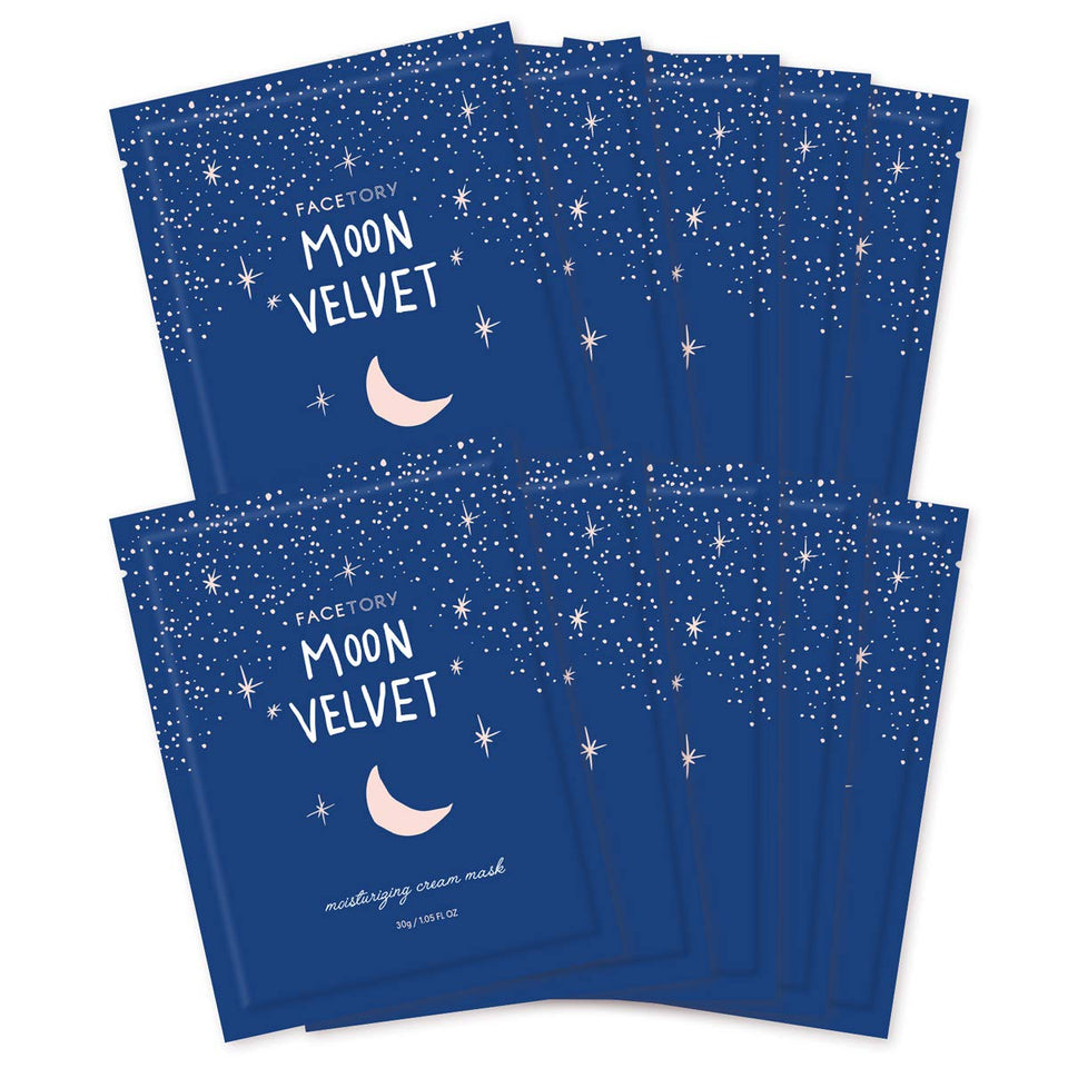FACETORY Moon Velvet Mask hydrates with milky essence for dewy skin.