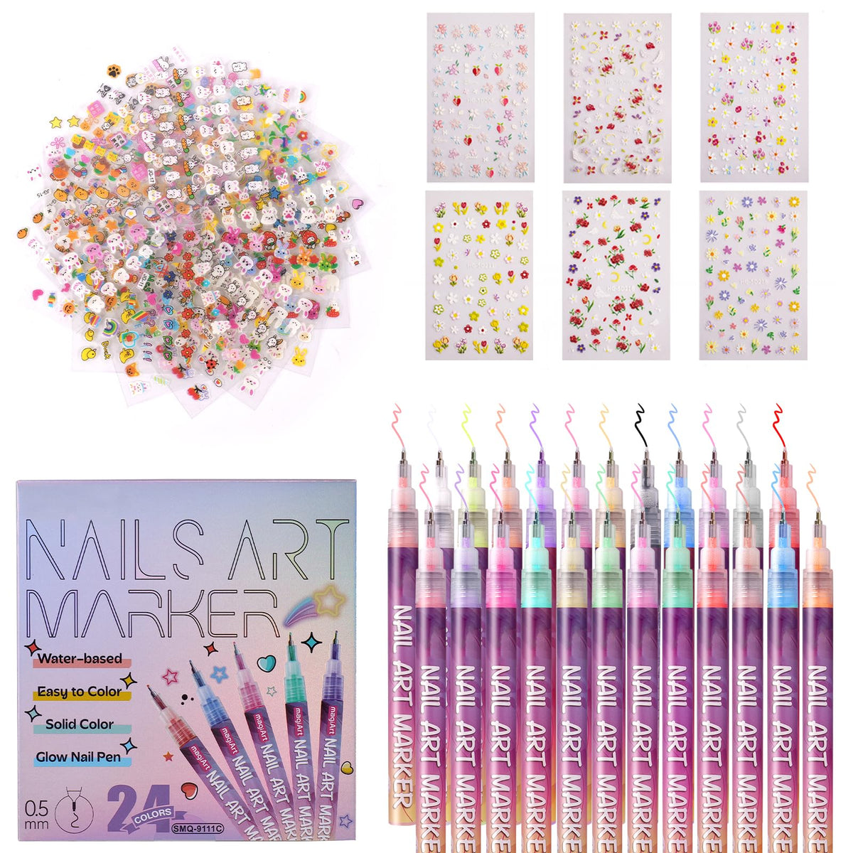 Faceura 24-color nail art pens set with 0.5mm tip for precise detailing.