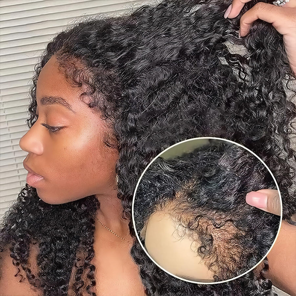 FACMOOD 4C Edges kinky curly wig front view with natural hairline and volume