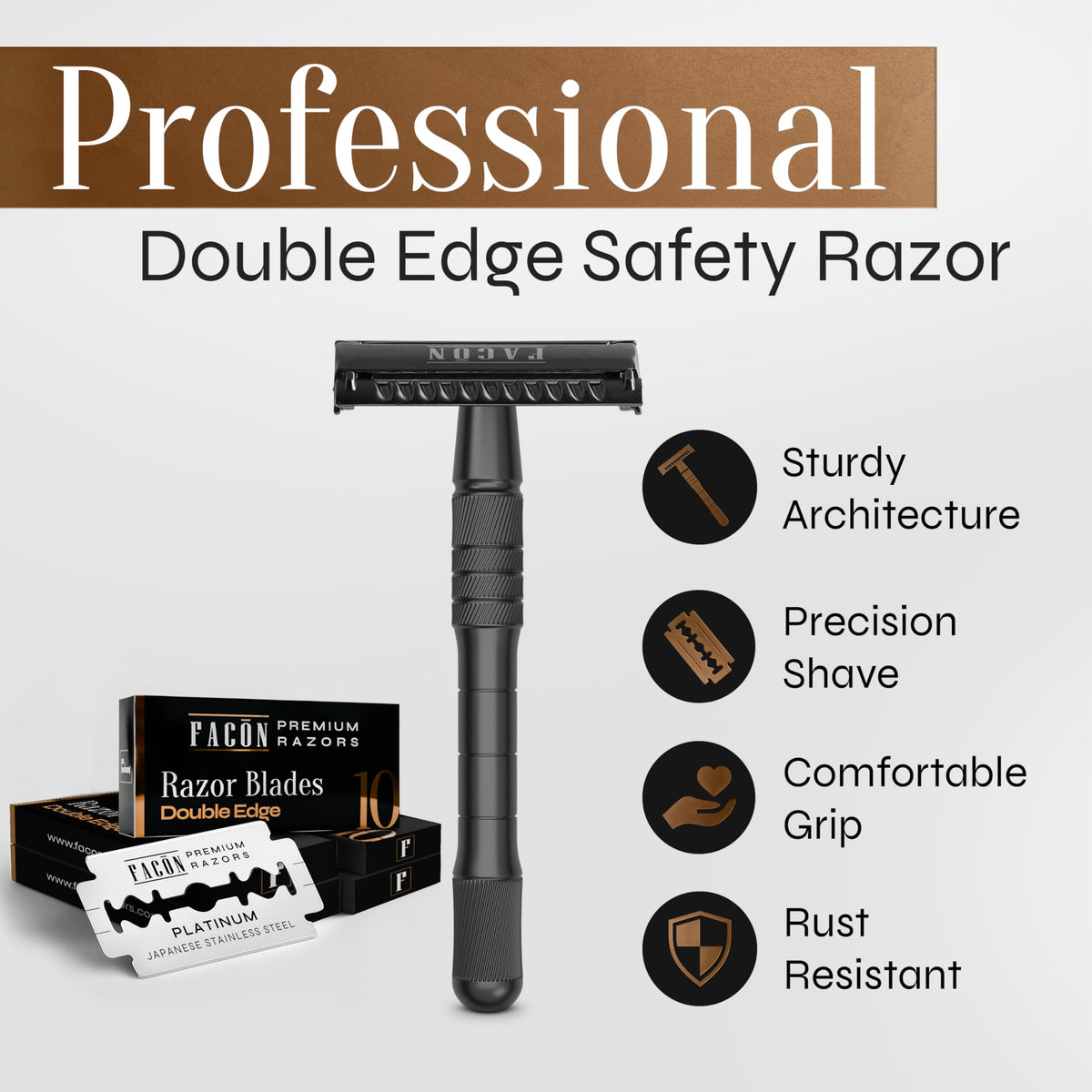 FACON 50 platinum-coated blades ensure consistent sharpness.