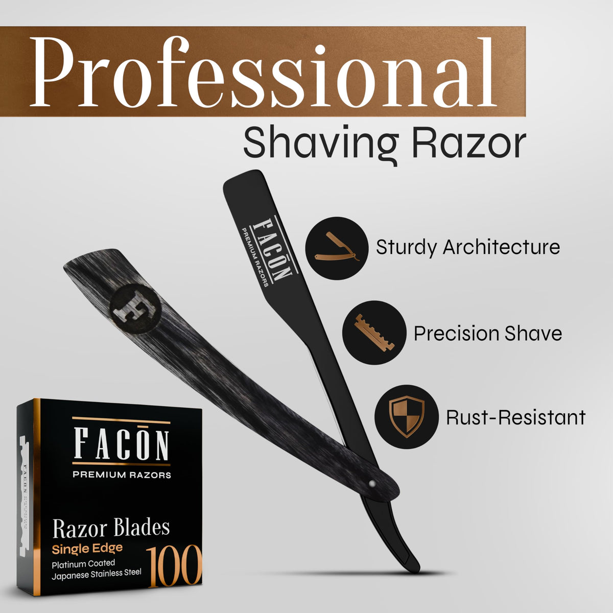 FACON straight razor with ergonomic handle for comfortable control.