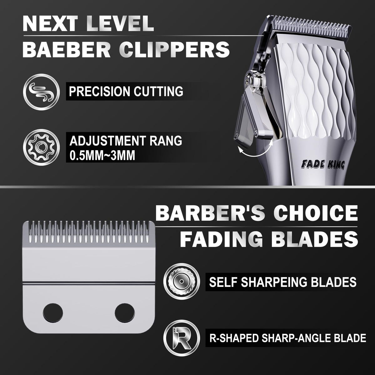FADEKING cordless clipper side view showing sleek silver and black design