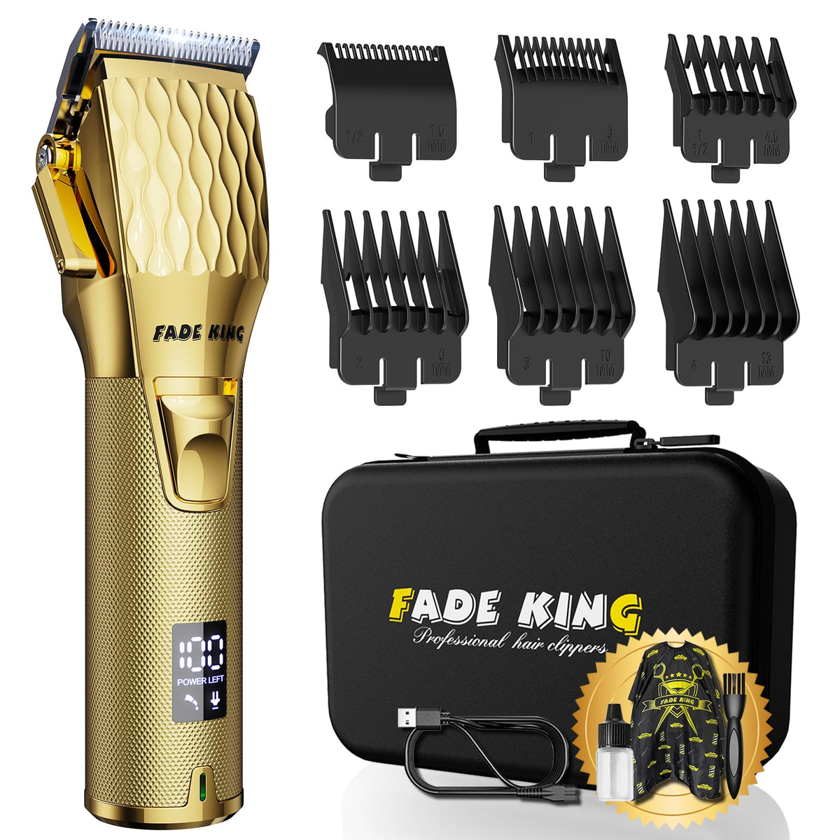 FADEKING Pro hair clippers gold, front-angle view demonstrates ergonomic design for long sessions