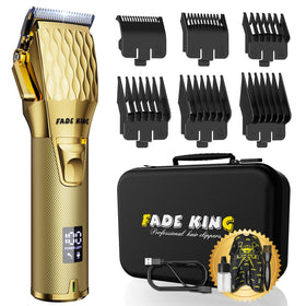 FADEKING Pro hair clippers gold, front-angle view demonstrates ergonomic design for long sessions