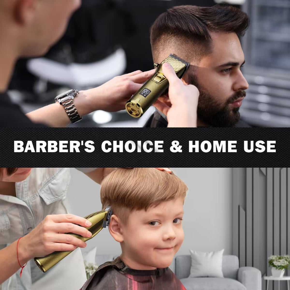 FADEKING Pro gold clippers in use with cape, smooth grooming experience