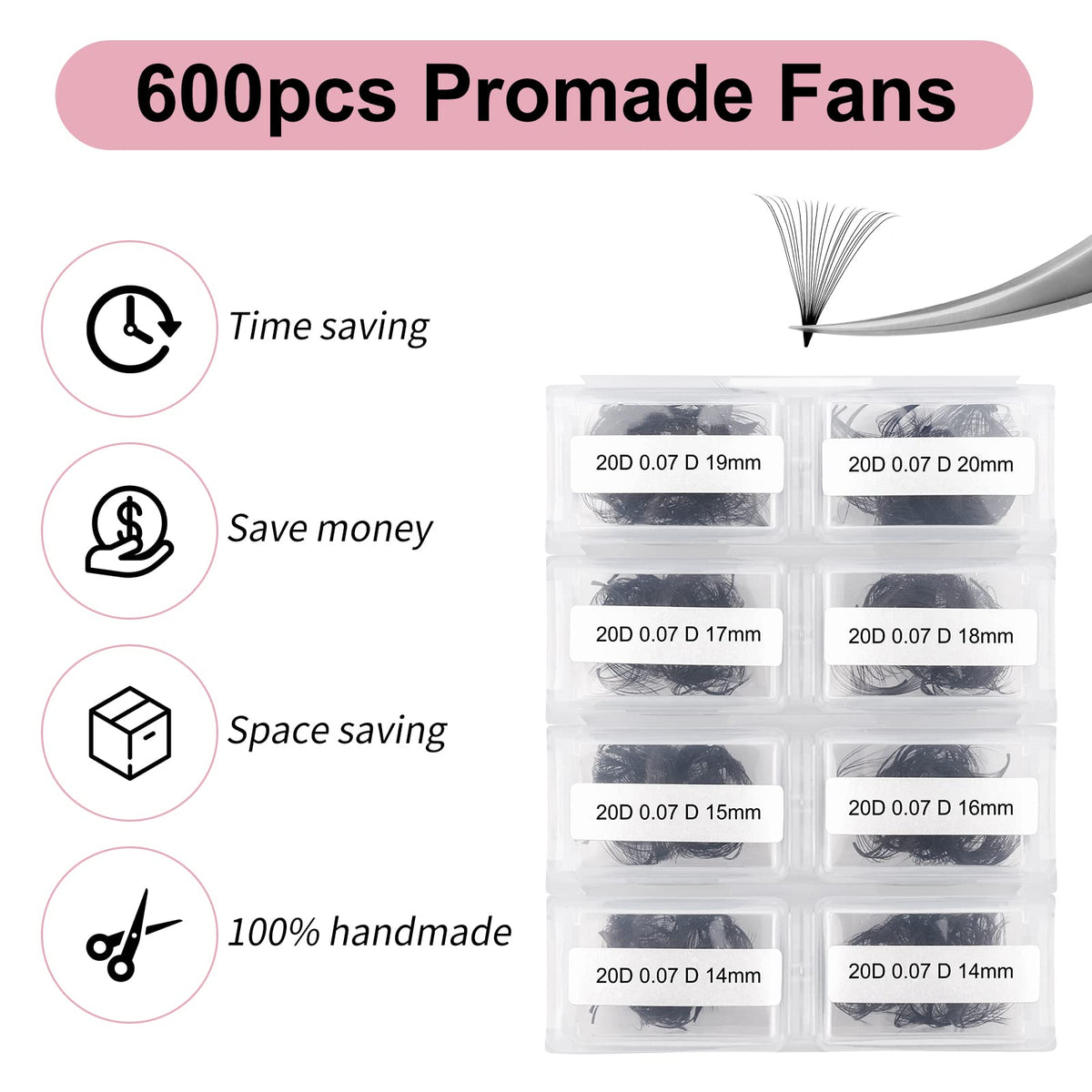 Pointed thin base close-up on FADLASH premade fans for easy placement.