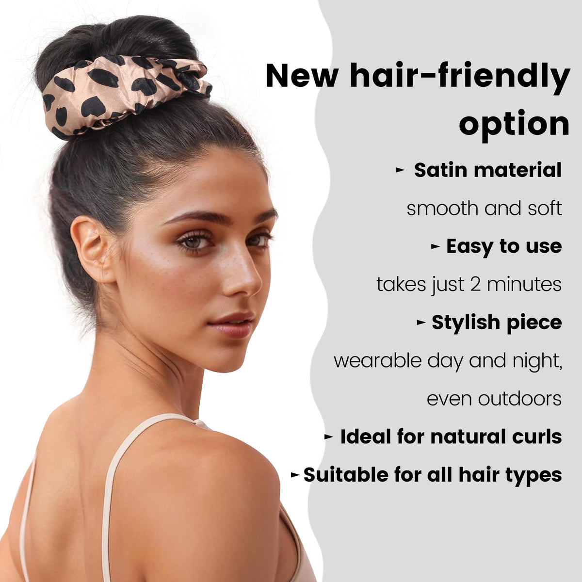 FAELBATY heatless scrunchie in brown leopard satin, adds volume without heat.