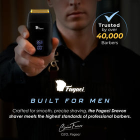 Fagaci Barber Foil Shaver smart LED display shows battery and RPM.