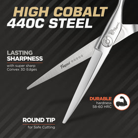 Fagaci barber scissors with ergonomic handle design for comfortable, controlled slicing.