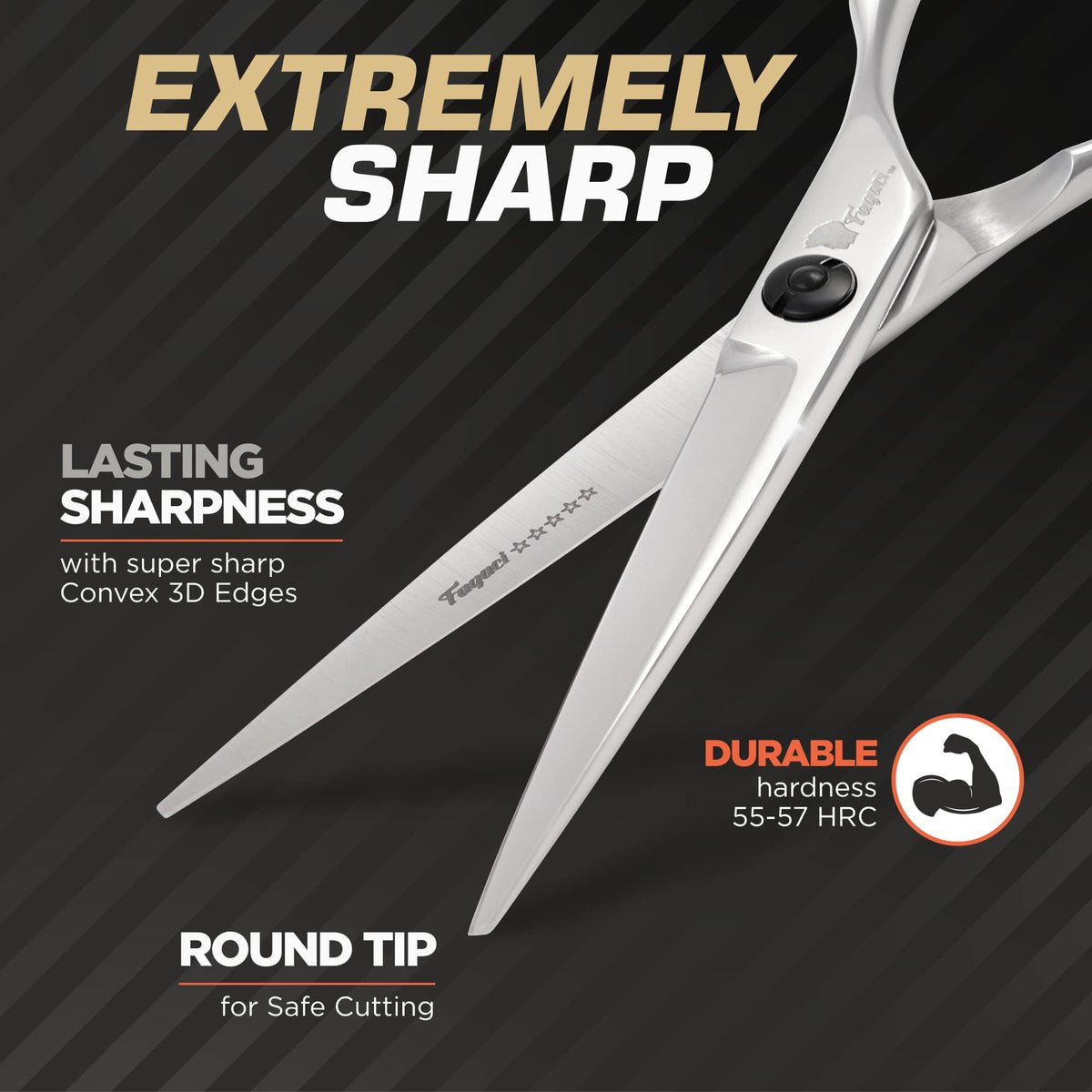 Fagaci barber scissors with superior steel quality for durability and smooth cutting.