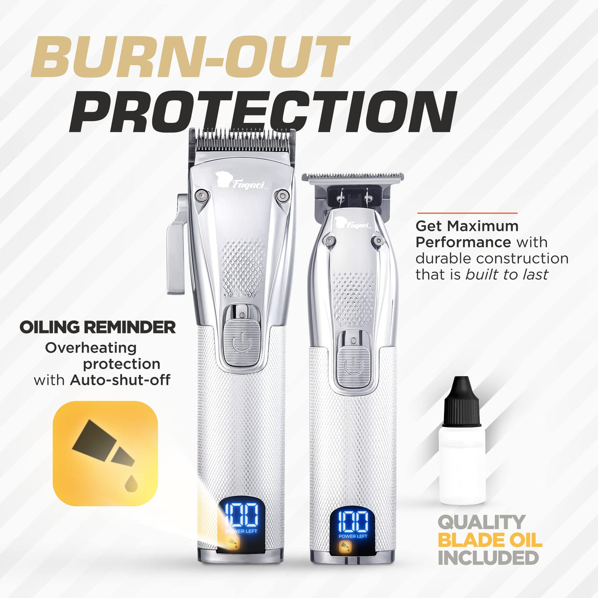 Fagaci cordless hair trimmer 3-hour battery for uninterrupted touch-ups.