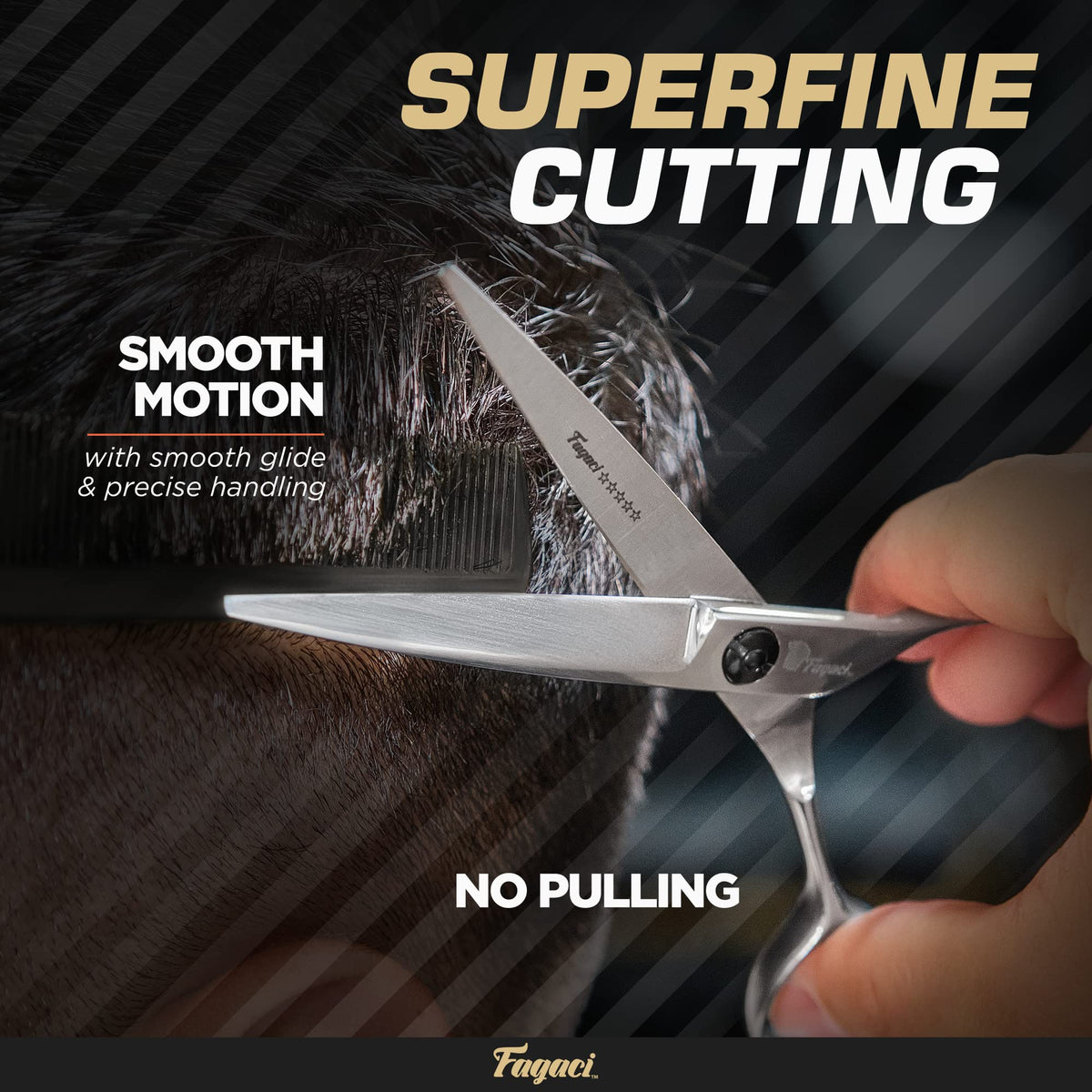 Fagaci hair scissors with ultra-sharp cut for precise styling and reduced snag.