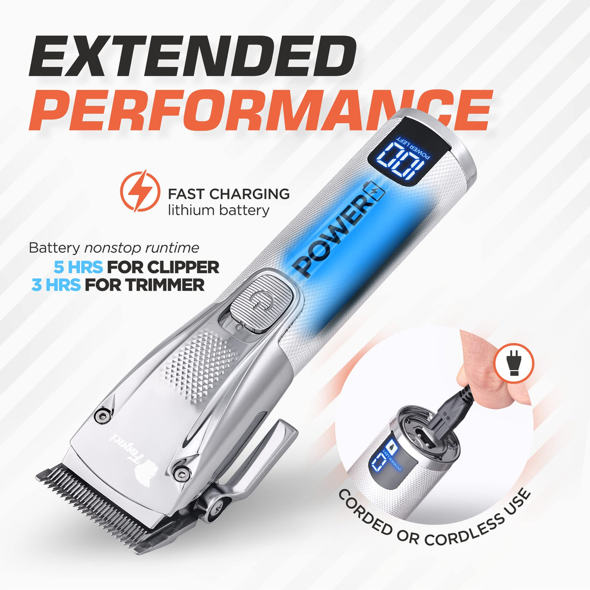 Fagaci turbo motor with low-noise design for comfortable home grooming.