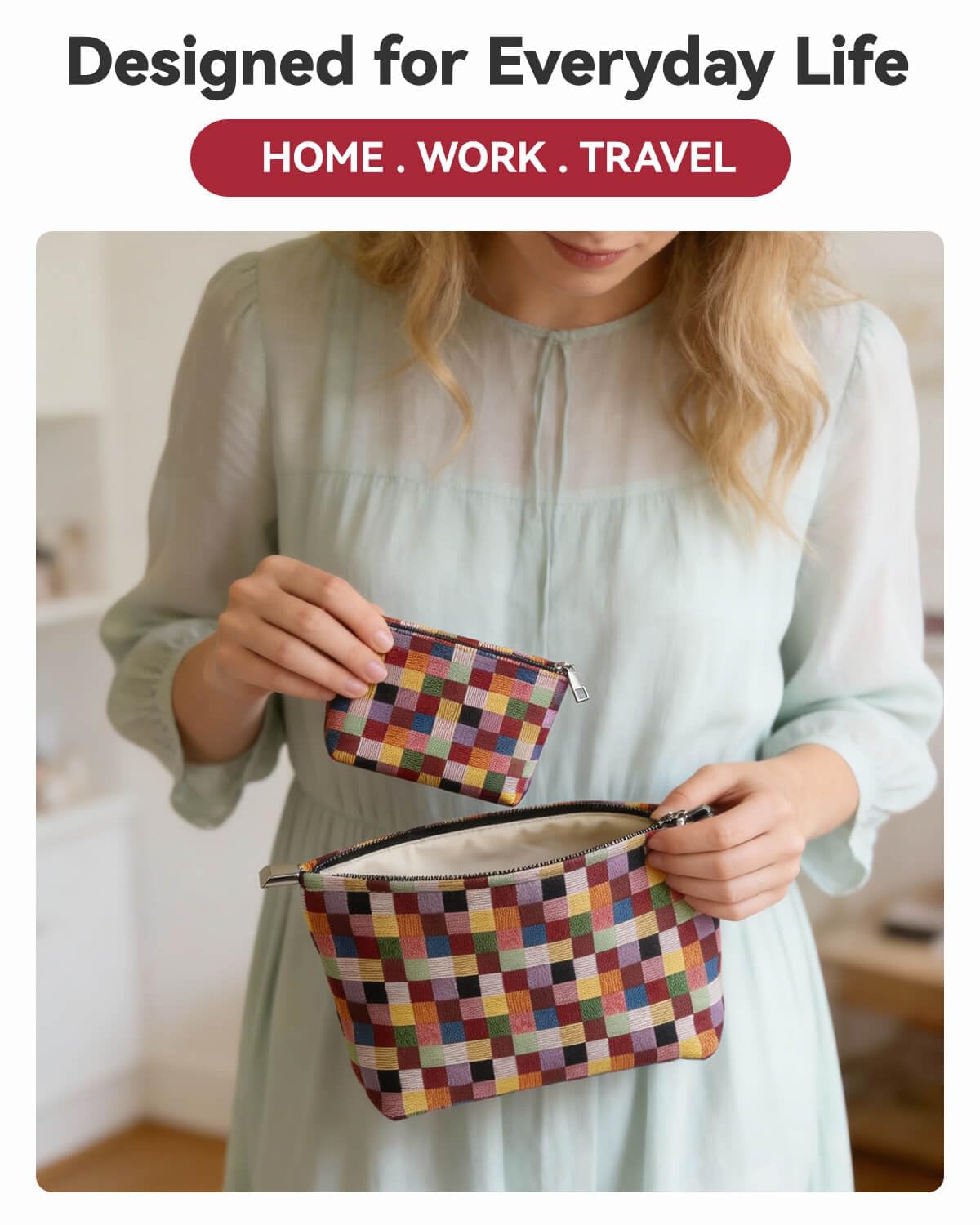 Fahombag small checkered makeup pouch for lipstick and chargers on the go.