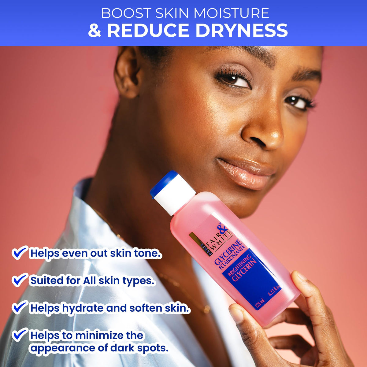 Fair and White Original Glycerin dab on hand shows quick-drying hydration for daily care.