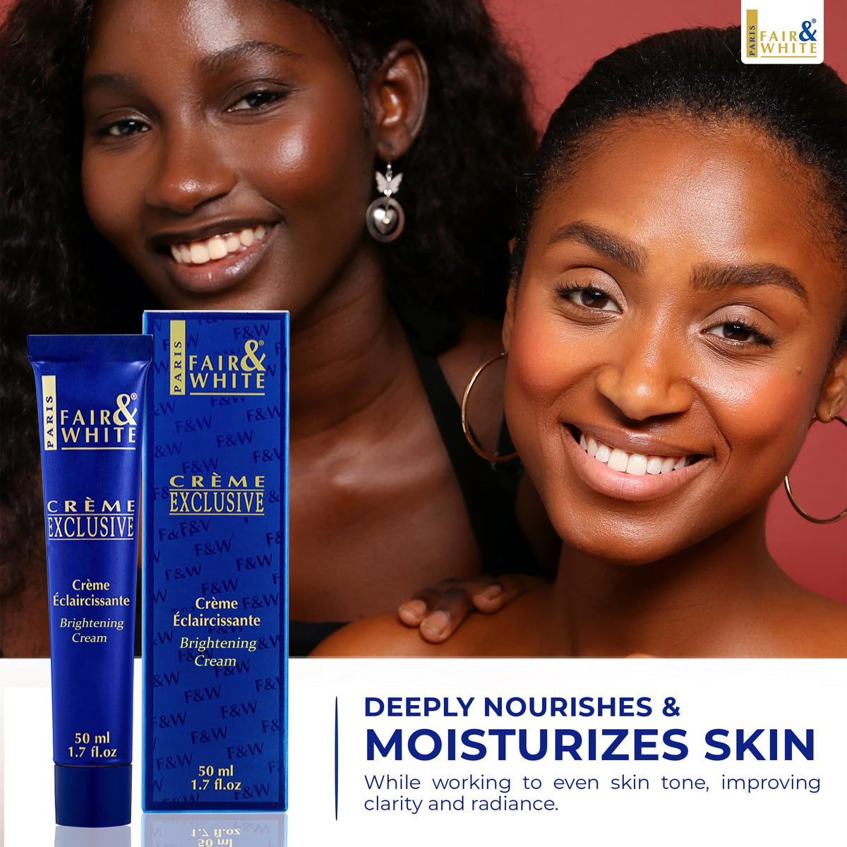 Bottle of FAIR & WHITE Exclusive Cream during application on skin.