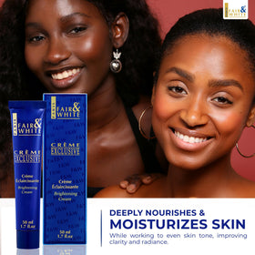 Bottle of FAIR & WHITE Exclusive Cream during application on skin.