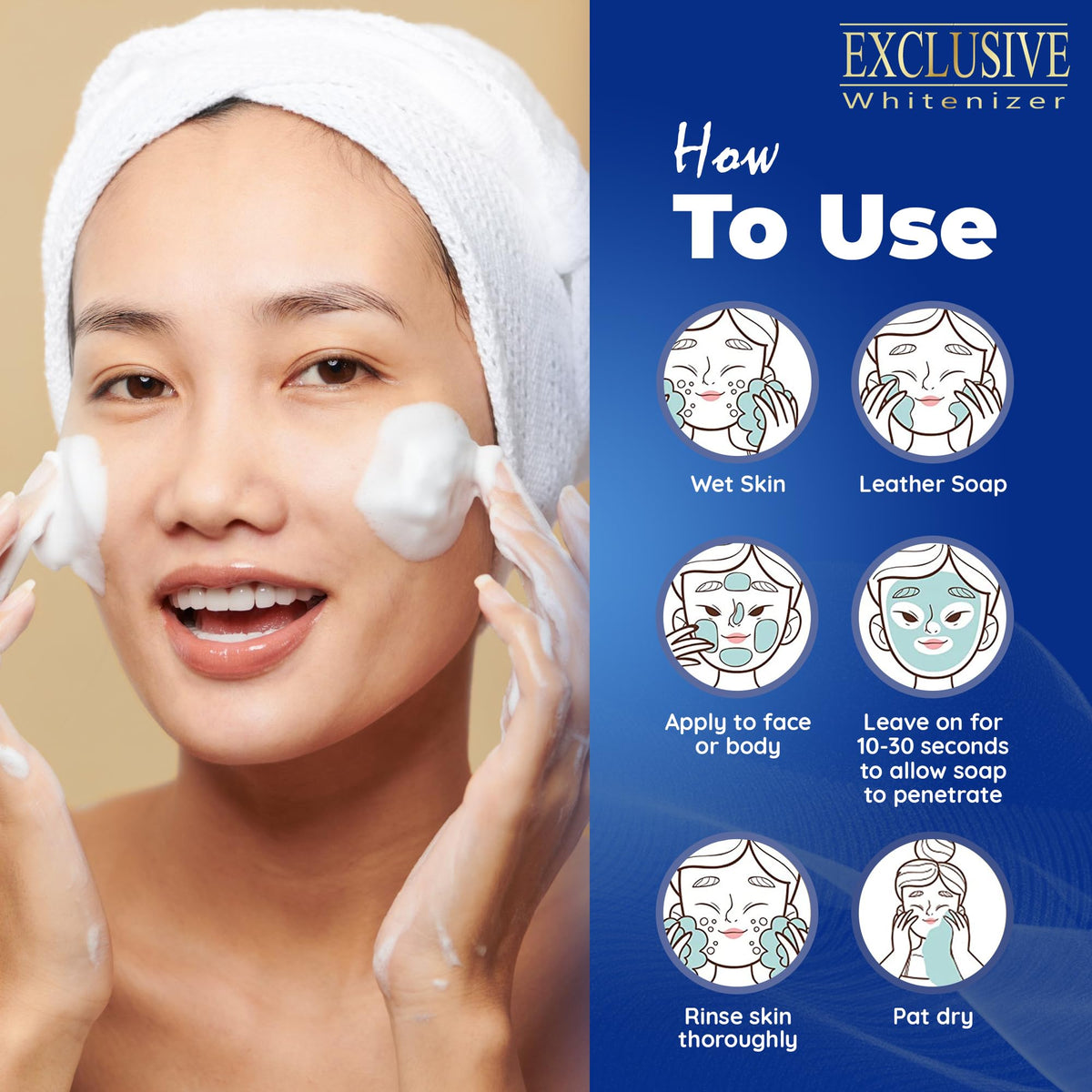 Front packaging of FAIR & WHITE Exclusive Exfoliating Soap on a bathroom shelf