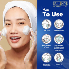 Front packaging of FAIR & WHITE Exclusive Exfoliating Soap on a bathroom shelf