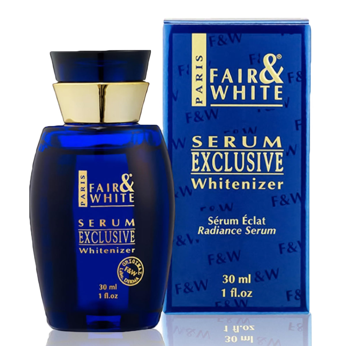 FAIR & WHITE Exclusive Serum bottle close-up, showcasing premium packaging for daily skincare.