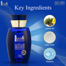 FAIR & WHITE Exclusive Serum dropper dispensing scene highlights precise application.