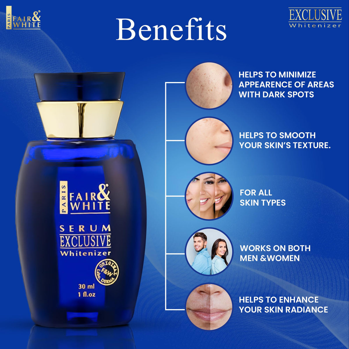 FAIR & WHITE Exclusive Serum on-skin application reveals smooth, radiant skin prep.