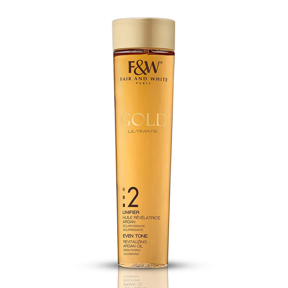 FAIR & WHITE Gold Revitalizing Argan Oil bottle nourishes skin.