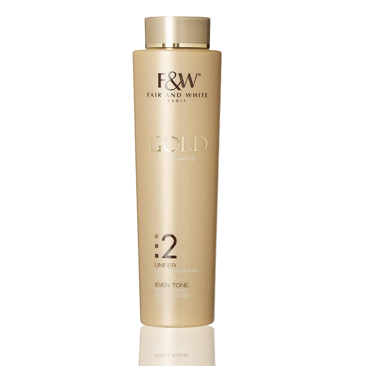 FAIR & WHITE Gold Revitalizing Body Lotion bottle supports brightening and even skin tone.