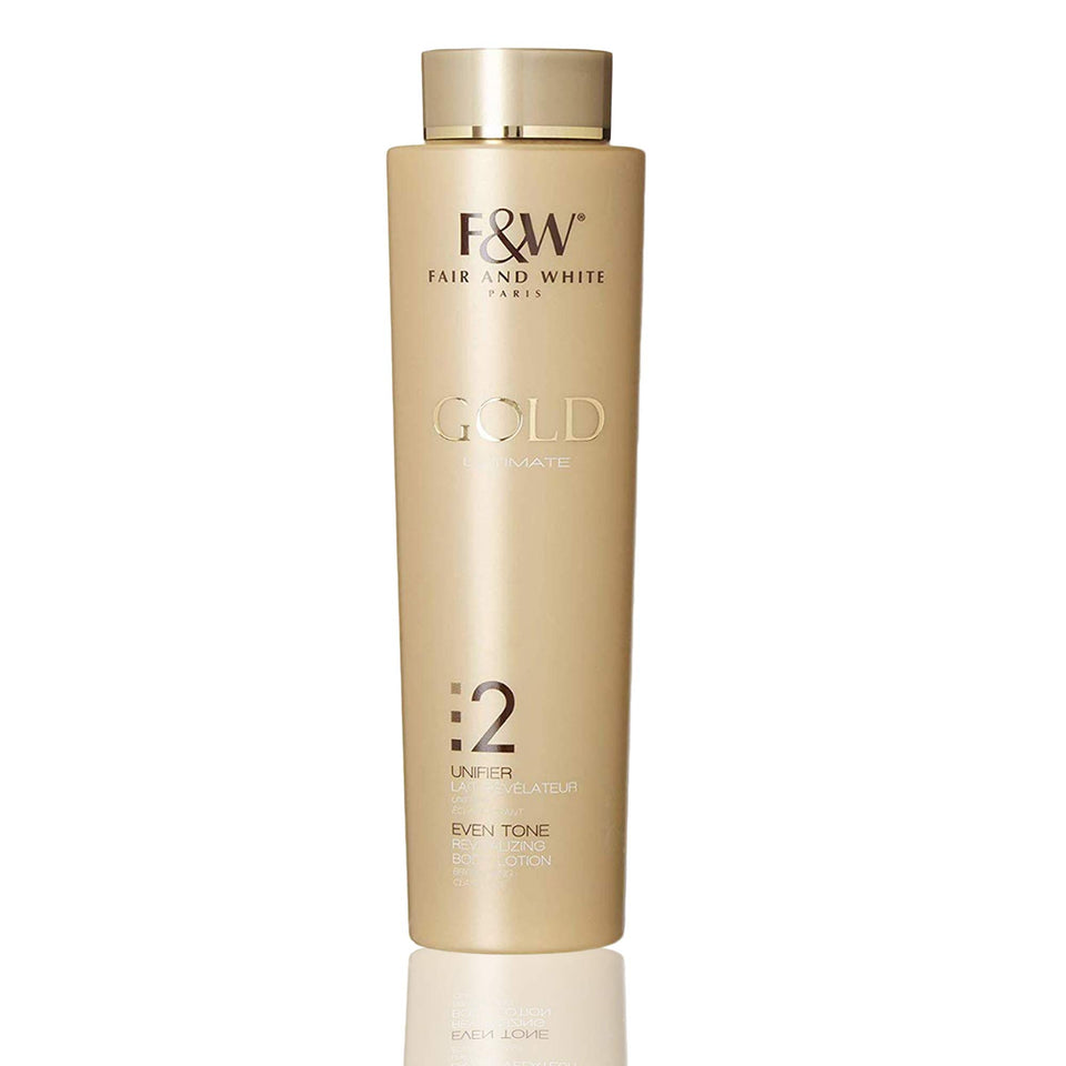 FAIR & WHITE Gold Revitalizing Body Lotion bottle supports brightening and even skin tone.