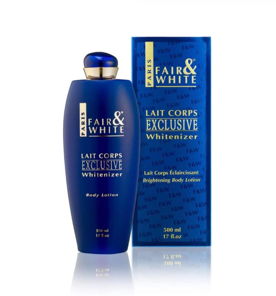 Fair-White Lait Corps Exclusive brightening bottle front for radiant skin glow.