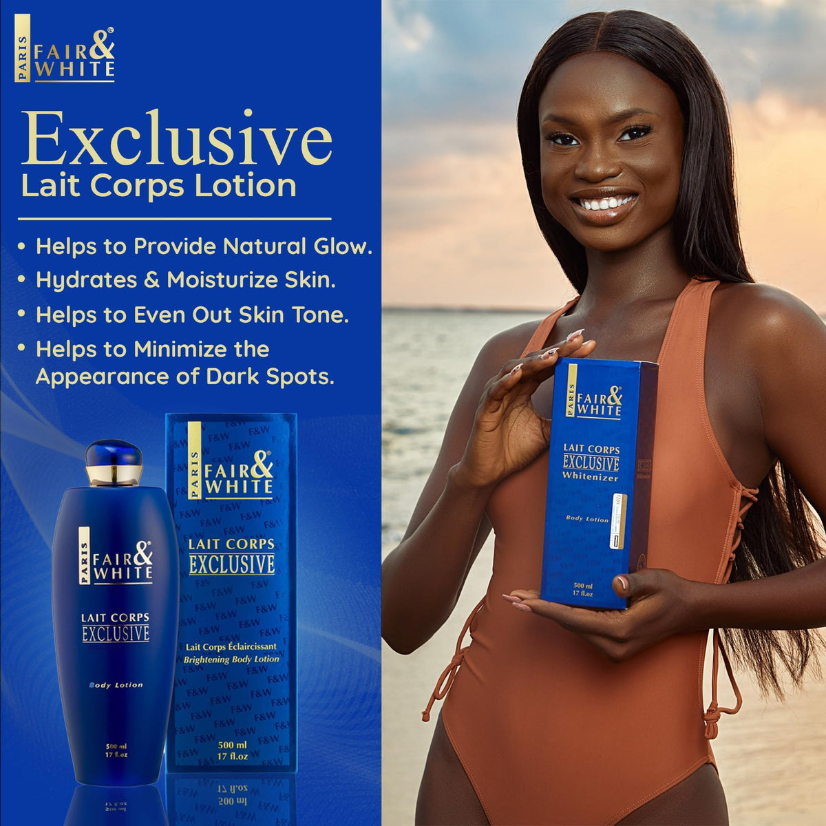 Fair-White Lait Corps Exclusive label closeup highlighting nourishing antioxidants.