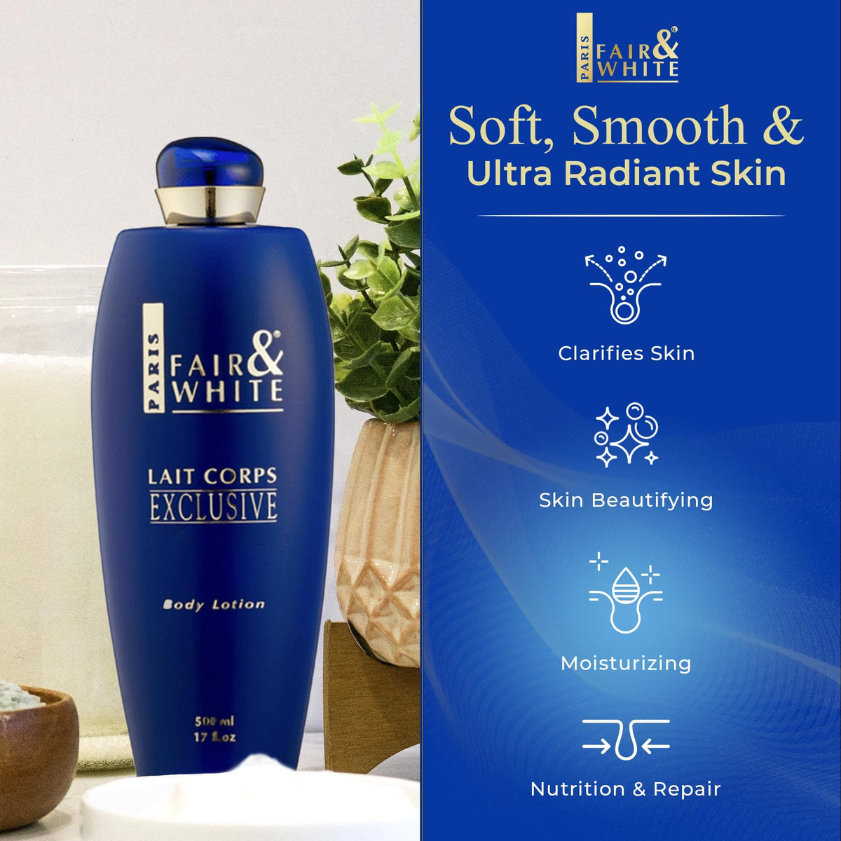 Fair-White Lait Corps Exclusive night application scene for nighttime care.