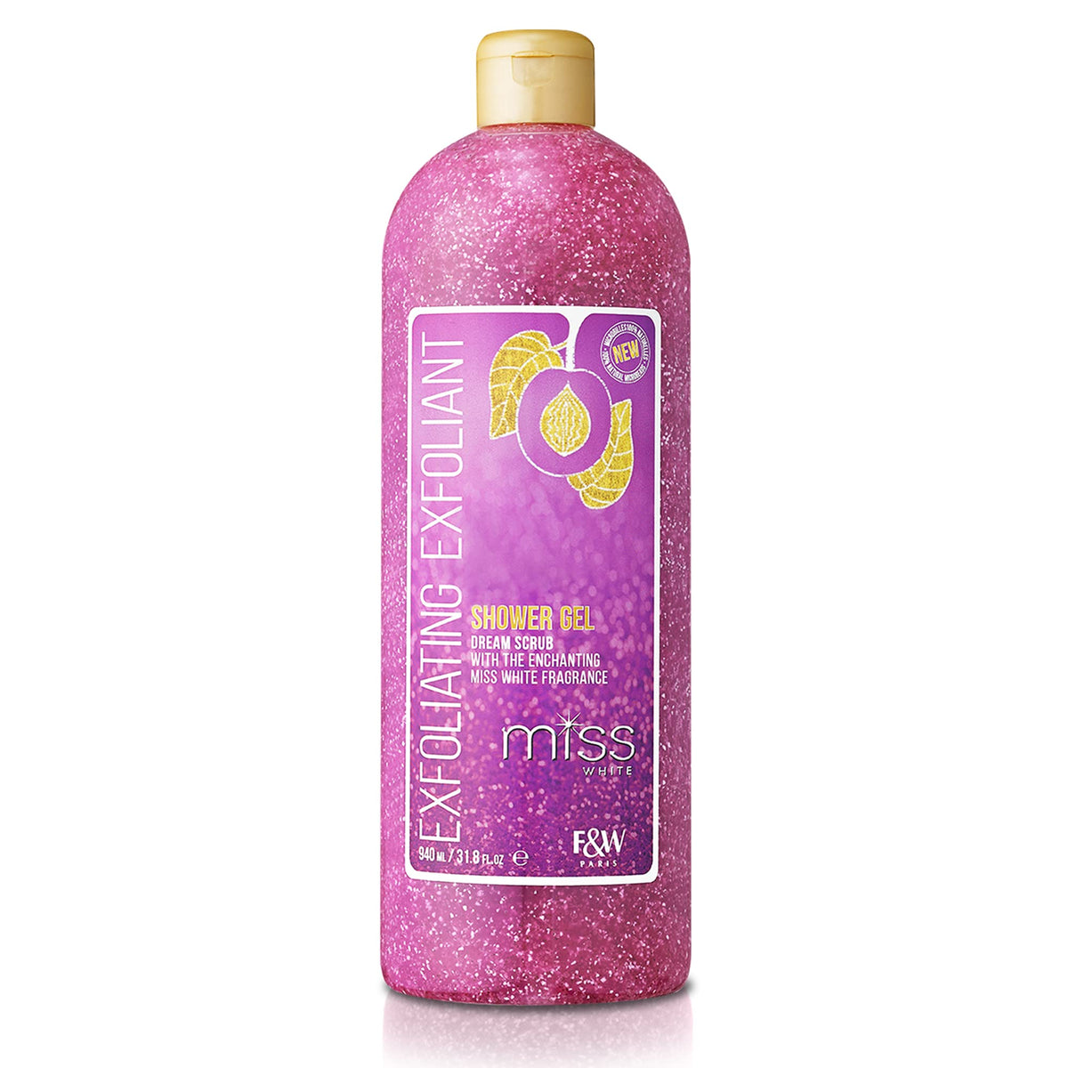 FAIR AND WHITE Miss White Exfoliating Shower Gel bottle delivers gentle exfoliation and refreshing cleanse.