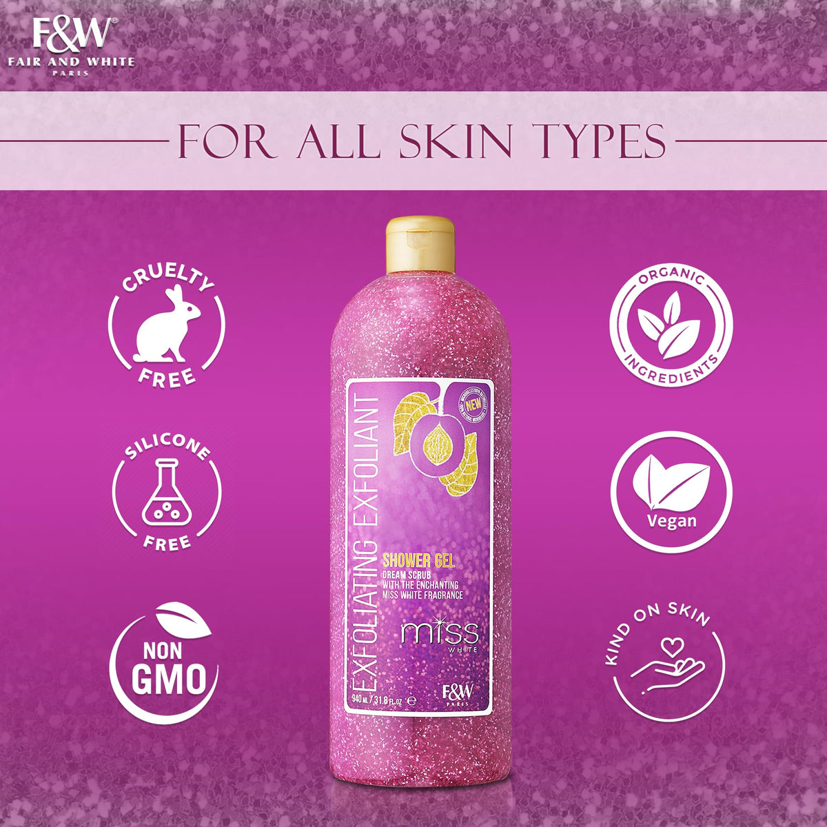 FAIR AND WHITE pump provides easy, mess-free use during morning showers.