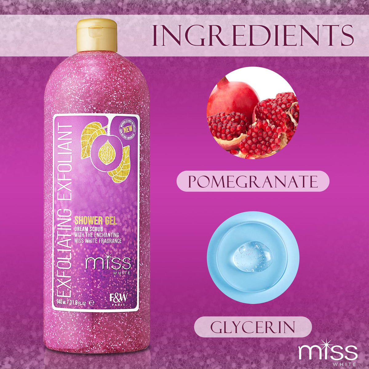 MISS WHITE Exfoliating Shower Gel foamy lather for a spa-like cleansing experience.