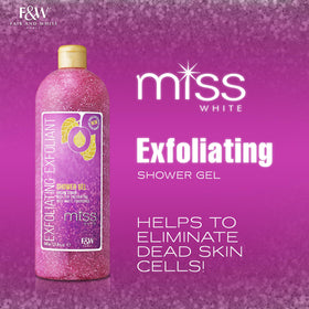 FAIR AND WHITE Miss White Exfoliating Shower Gel highlights pomegranate for hydration.