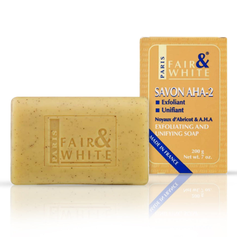 FAIR & WHITE Original AHA Exfoliating Soap bar demonstrates cleansing and dead-skin removal for smoother skin.