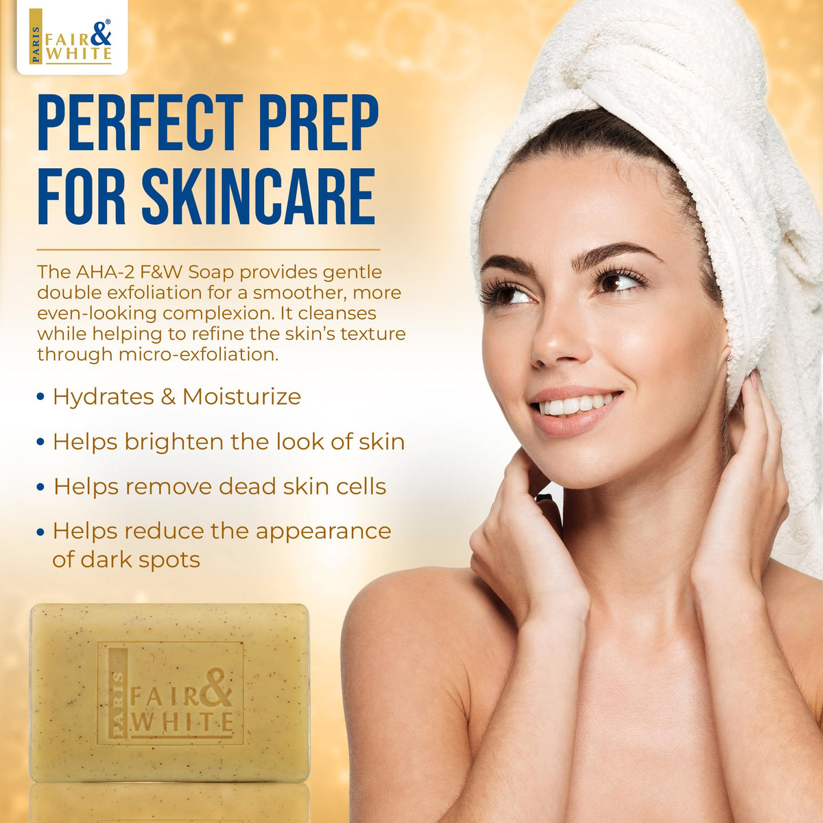 FAIR & WHITE Exfoliating Soap on knees and armpits supports even-toned skin.