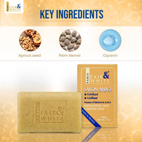 FAIR & WHITE Original AHA Exfoliating Soap lather close-up shows creamy foam for gentle body cleansing.