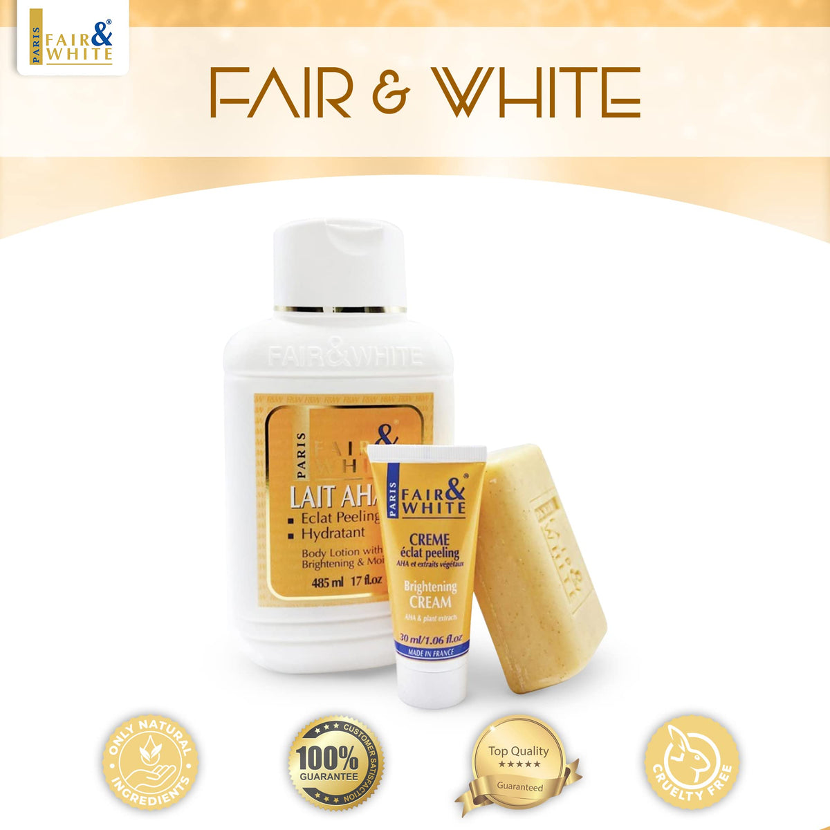 FAIR & WHITE Original AHA packaging on shelf highlights non-hydroquinone approach.